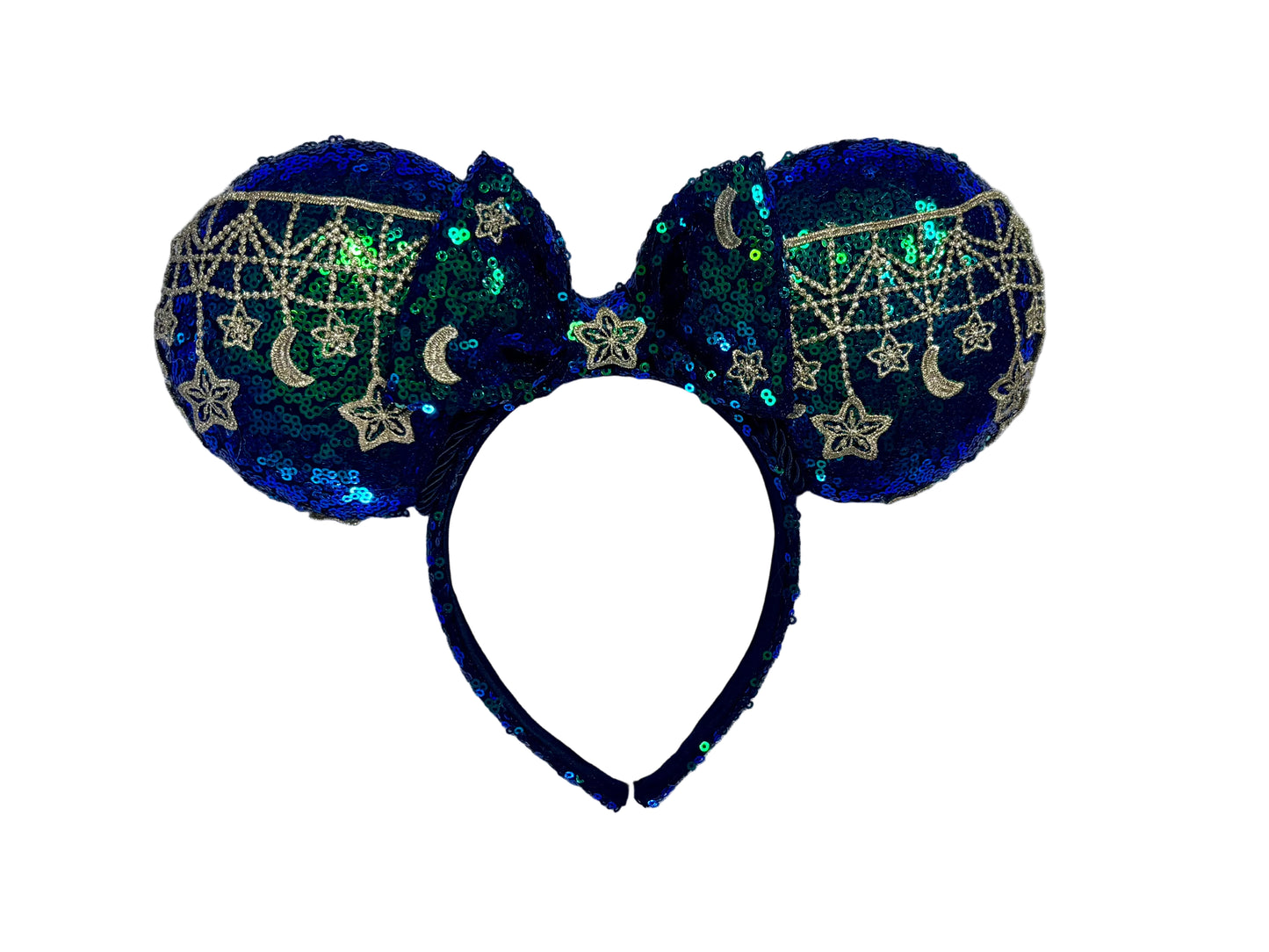 Mouse Ear headband that is a Handmade Iridescent blue and green sequins with gold sun, moon and stars attached to them. bow with star and moon patterns.