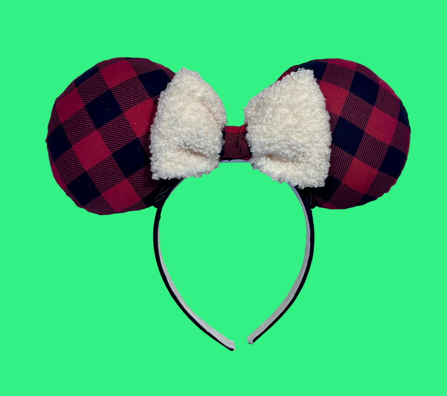Handmade and ready to ship Buffalo Plaid mouse ears on both the front and back. On a black headband that is universal sized. The set has an off-white soft bow with buffalo plaid middle.