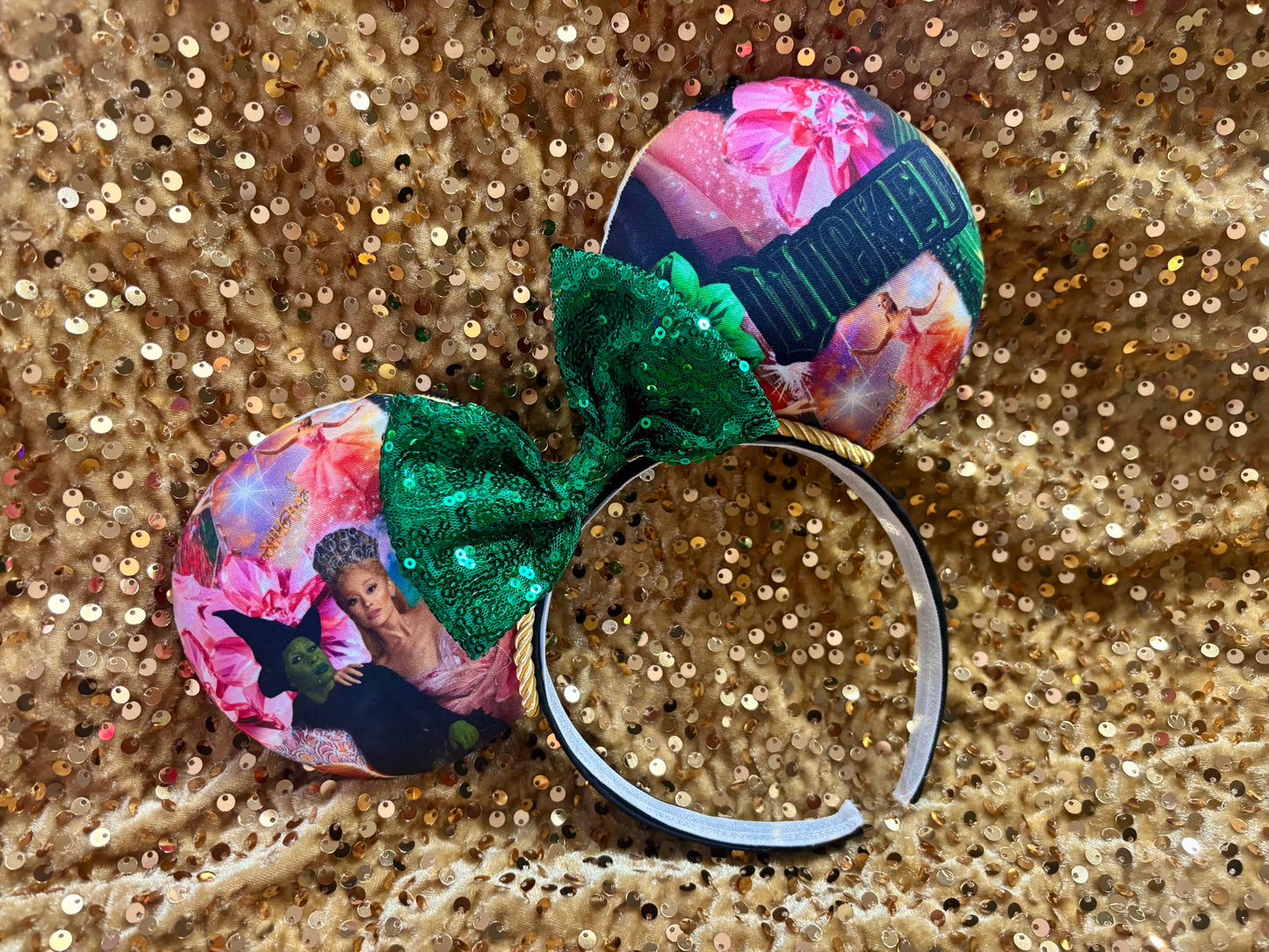 Defying Gravity Mouse Ears – Wicked Inspired Handmade Disney Headband | Green Sequin Bow.