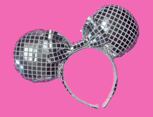 Handmade and ready to ship Mirrorball Mouse EARS. The disco ball like fabric has a second set of plain gray underneath its sewn to. matching bow and fabric is on the headband as well. Universal sized headband with elastic lining.