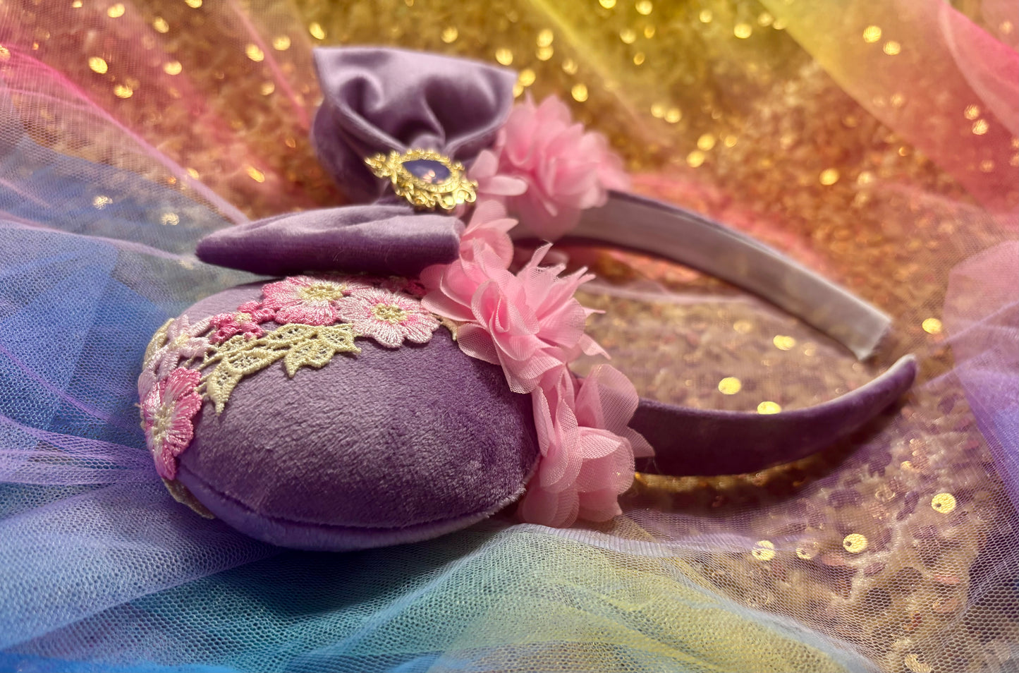 Rapunzel Inspired Mouse Ears | Purple Velvet & Pink Floral Trim Theme Park Headband