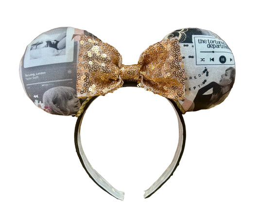 Handmade and ready to ship TTPD themed Mouse ears with collage images from that era are shown with a gold sequin bow on a headband. Shown against a white background.