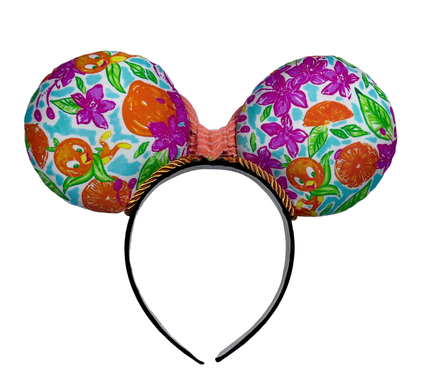 Colorful floral-patterned mouse ears on a gray textured background