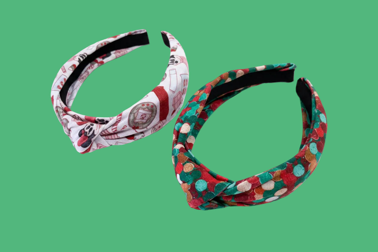 Handmade and ready to ship. Two patterned headbands in Stocking Stuffers and Christmas Color Dots. Made with Cotton Lycra fabric on a universal sized headband. 
