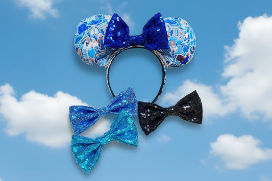 Blue Mouse Ears Headband with Silver Trim & Sequin Bow