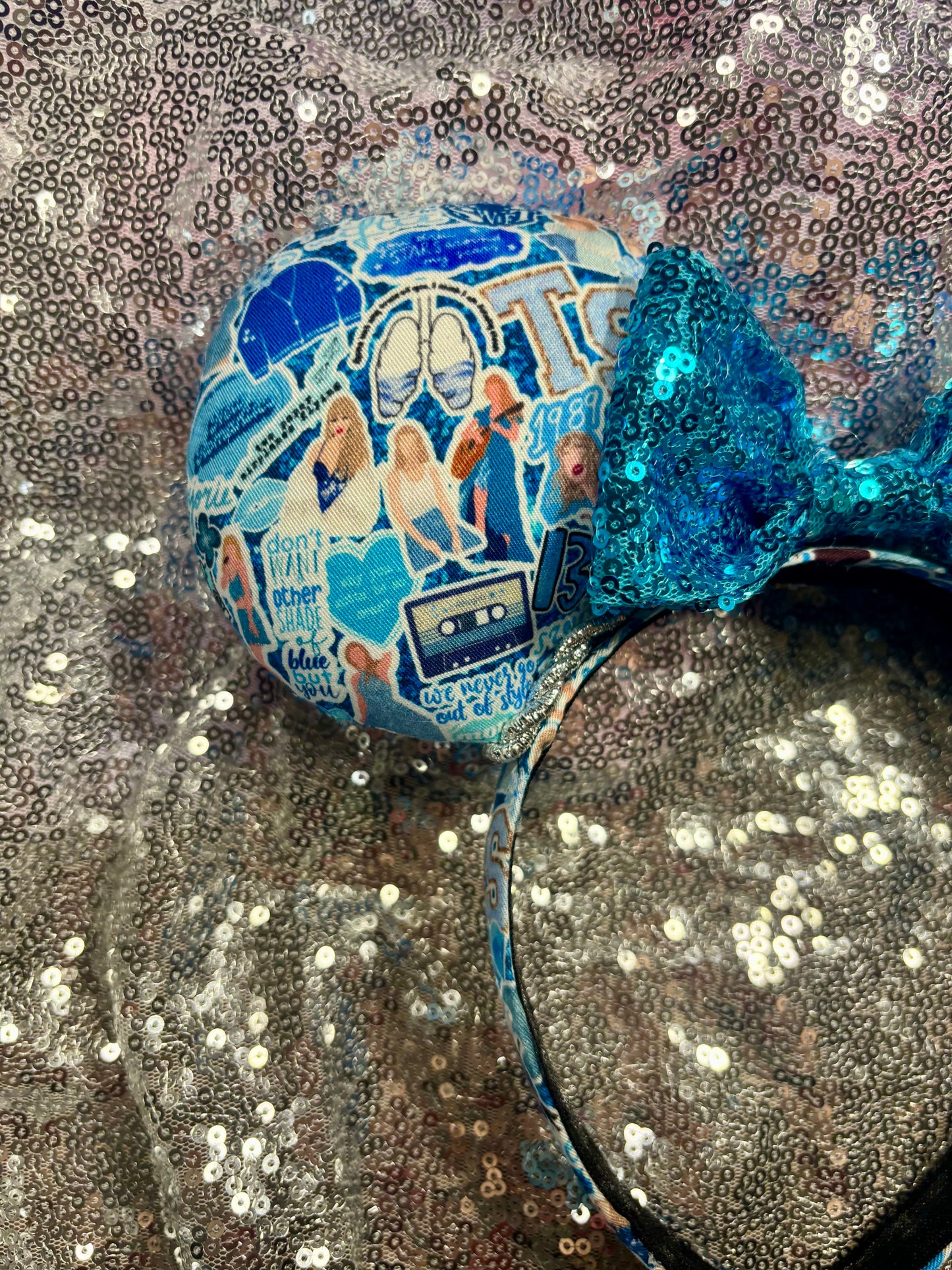 Blue Mouse Ears Headband with Silver Trim & Sequin Bow