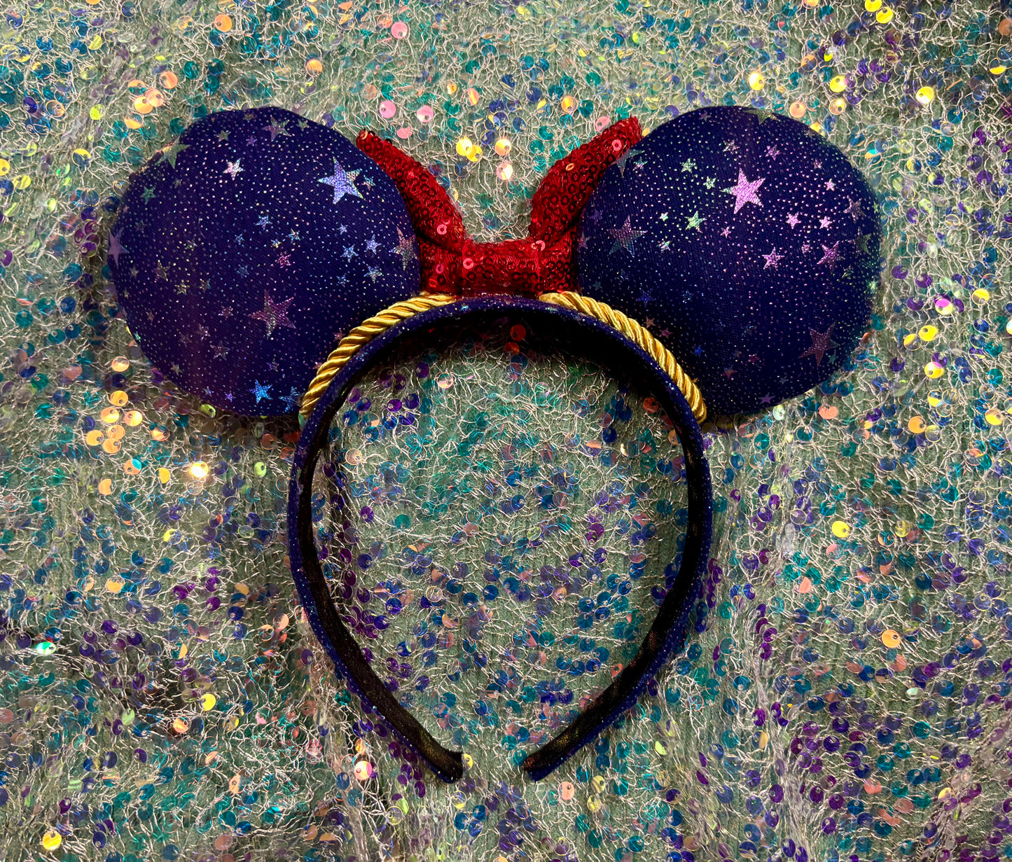Sorcerer Mickey Inspired Mouse Ears | Galaxy Fabric & Gold Trim Theme Park Headband