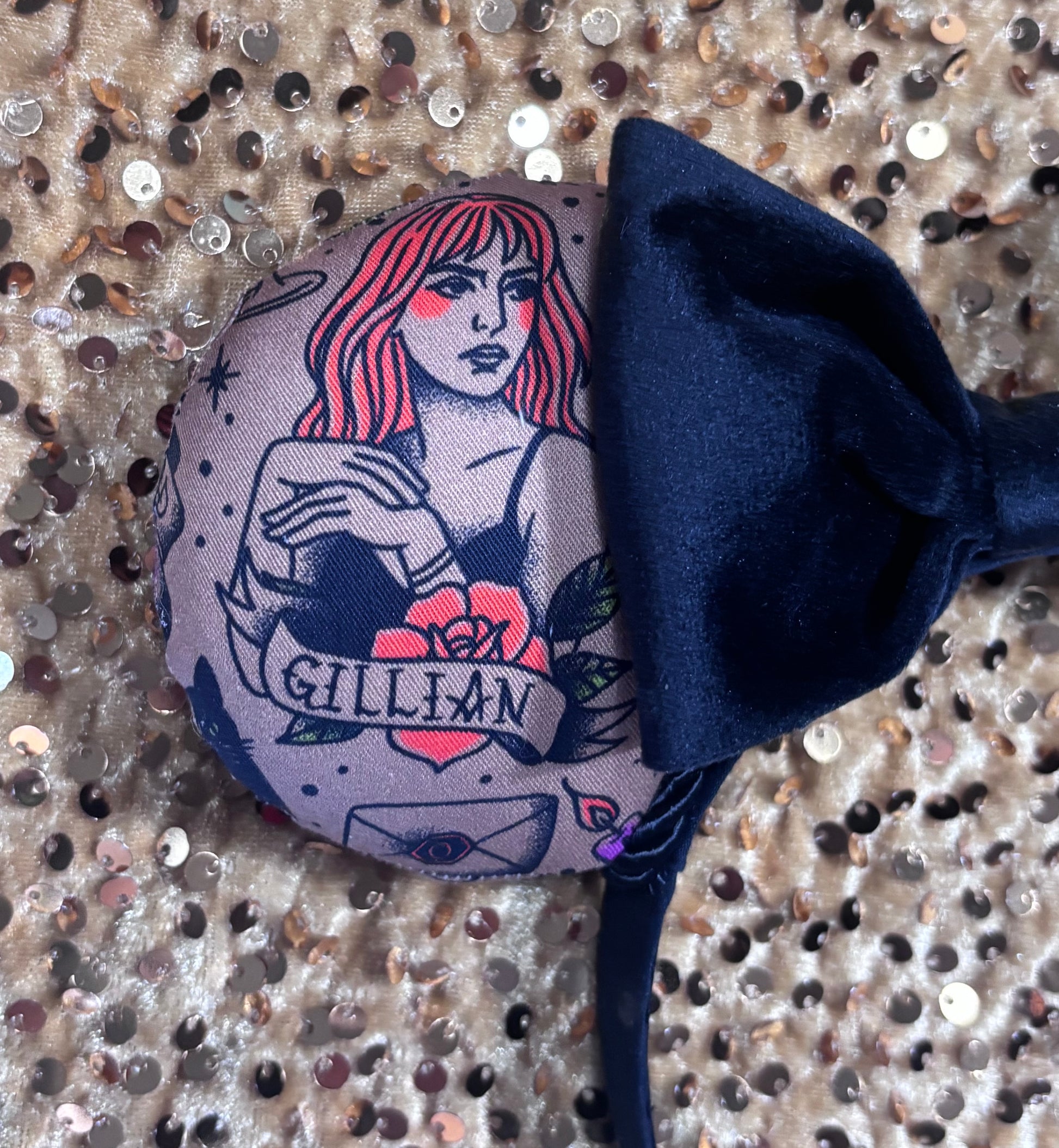 Close-up of front mouse ear that has Gillian on it. Handmade and ready to ship.