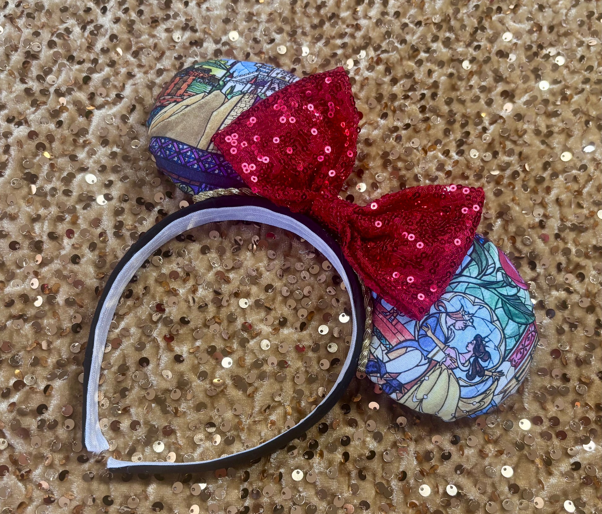  Handmade and ready to ship Stained Glass BATB mouse ears. Ears are sewn, filled with batting, hot glued to a poly cotton headband that is universal sized. Ears are then hand stitched to the headband for extra protection. Red sequin bow with other colors available per request.