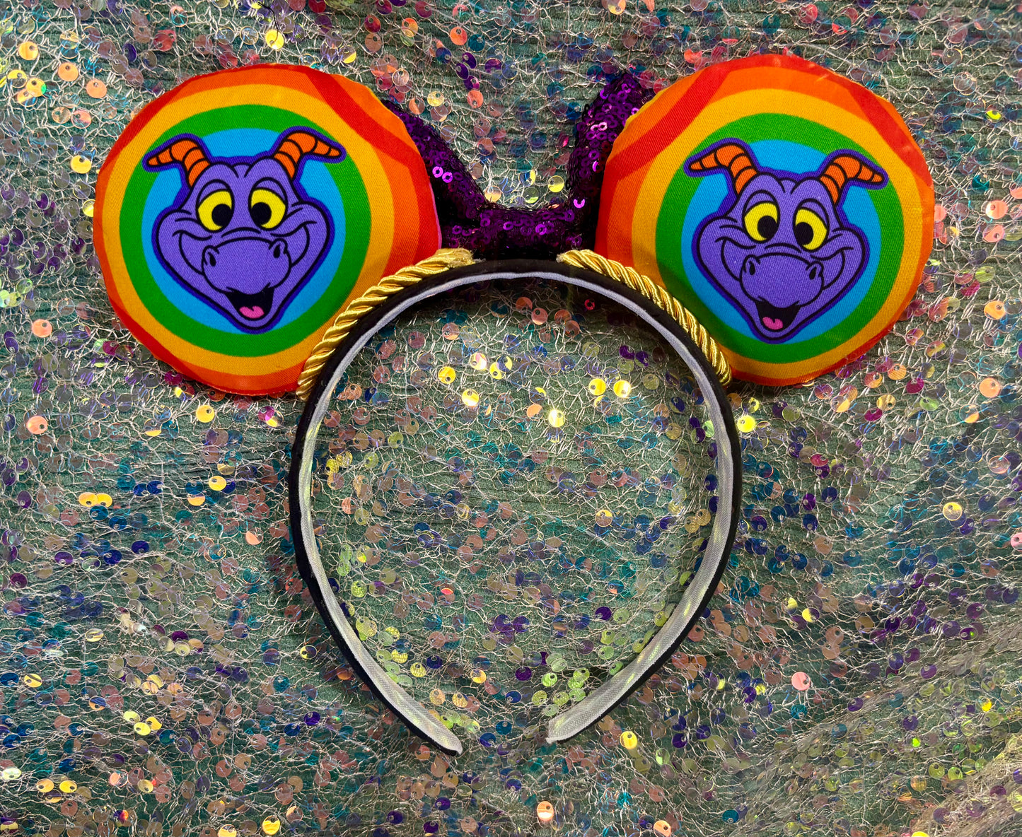 Figment Inspired Mouse Ears | Purple & Yellow Epcot Dragon Headband with Sequin Bow