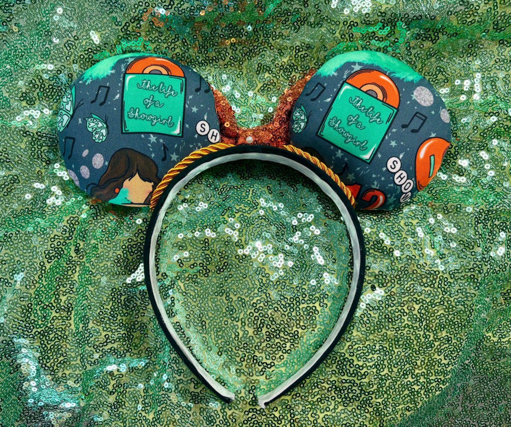 Back view of custom ears, the headband and the orange twisted trim. Bow is pinned for photos and not attached until ordering in case customer wants a different bow color.
