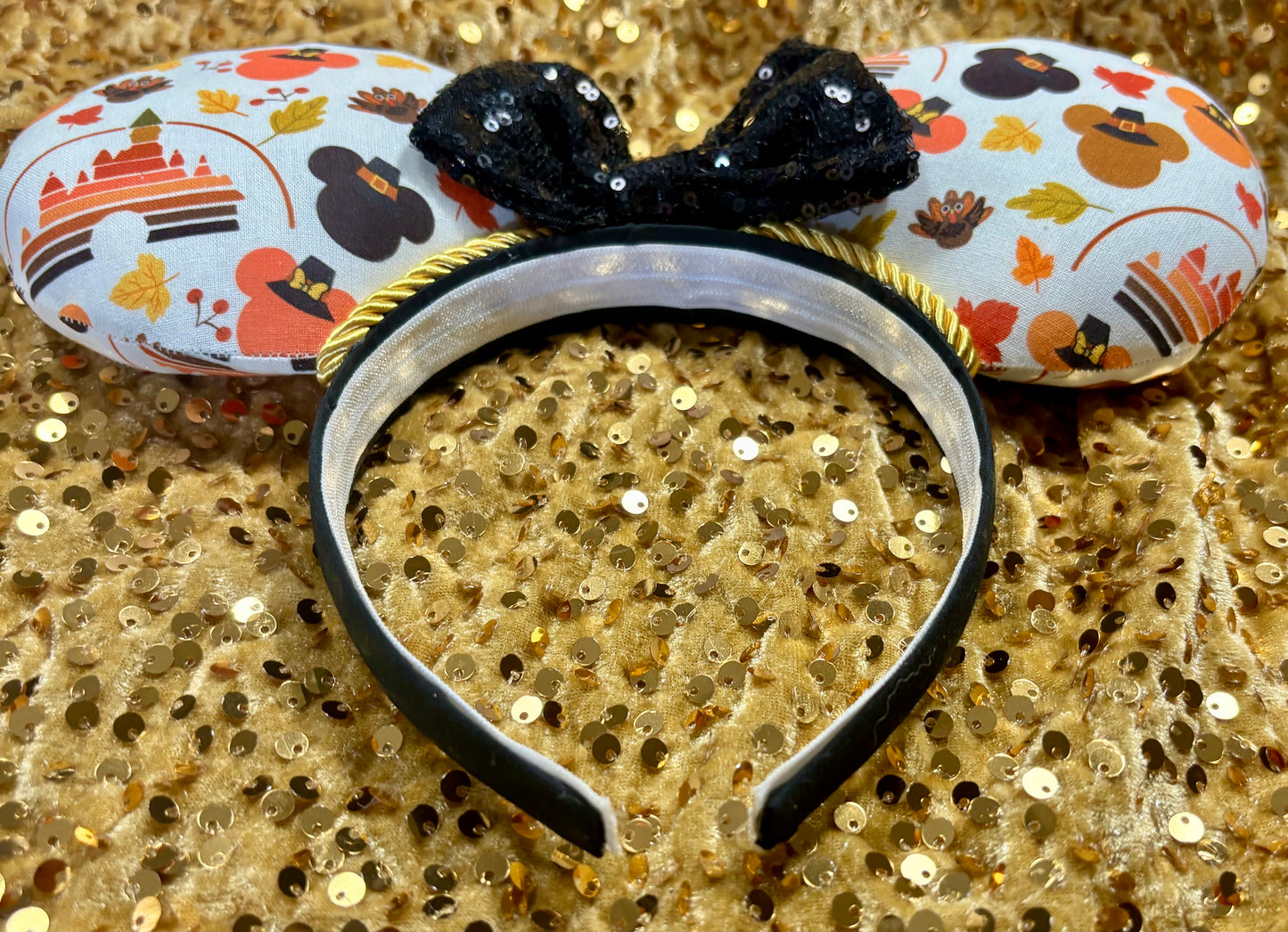 Thanksgiving Mouse Ears | Handmade Fall Disney Headband with Gold Trim & Sequin Bow