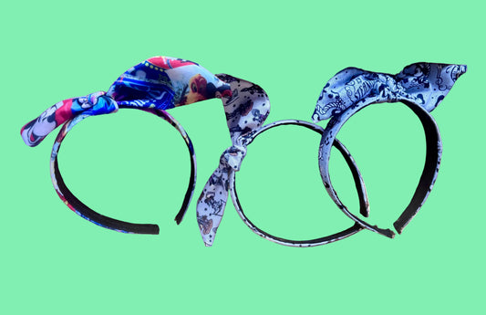 Handmade and ready to ship. Three decorative headbands with classic various Mickey prints on them with a twisted bow on headband you can adjust to any side you prefer.