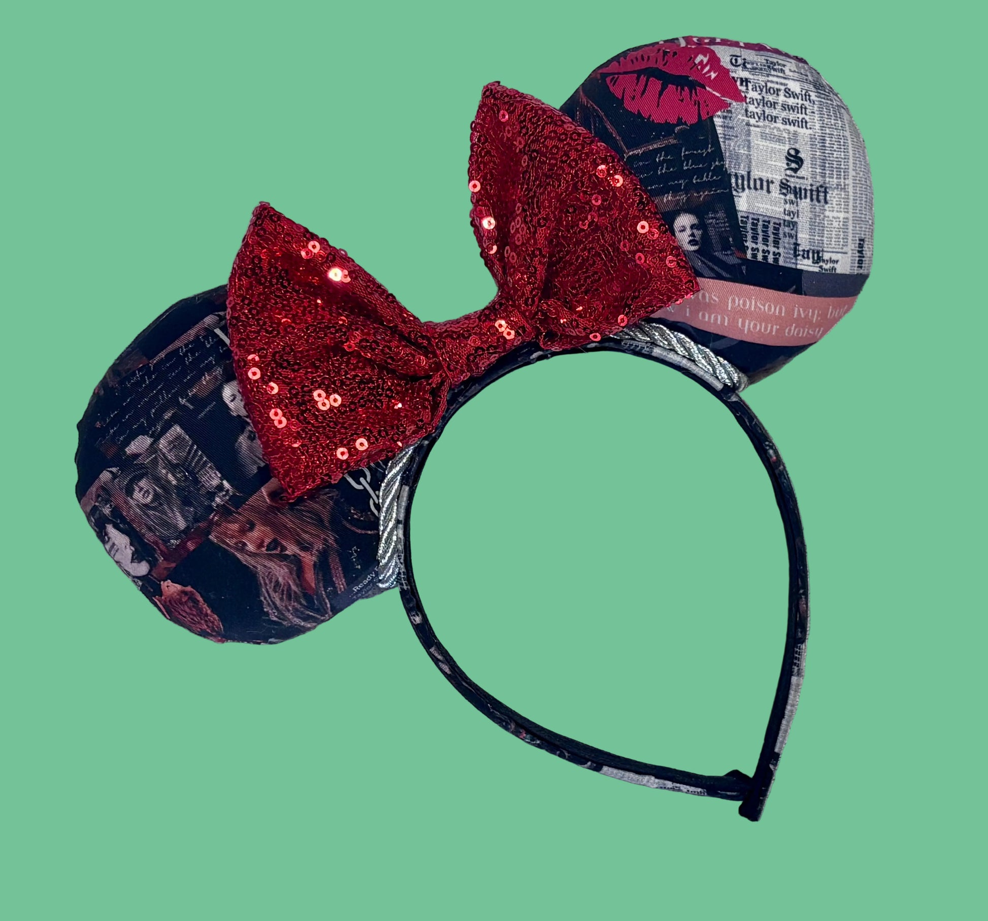 Handmade and ready to ship Rep Era images on the ears and headband. Mouse ears show a red sequin bow. Of course, you can request any bow in sequin if you prefer and I will attach it.
