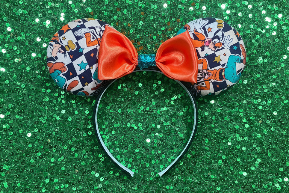 Goofy Mouse Ears | Classic Character Fabric Orange Satin & Turquoise Sequin Bow Headband