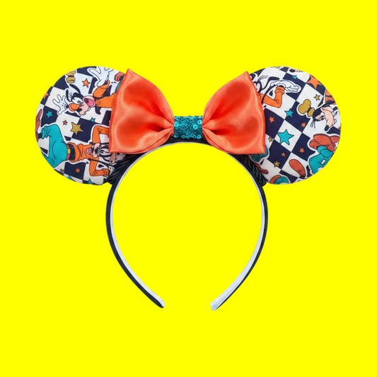 Handmade and ready to ship, Pretty Goofy Custom Ears. Fabric is on ears front and back with a black twisted trim and orange stain bow with a turquoise green middle to match Goofy's clothing. Headband is universal size with black poly cotton fabric and elastic lining.