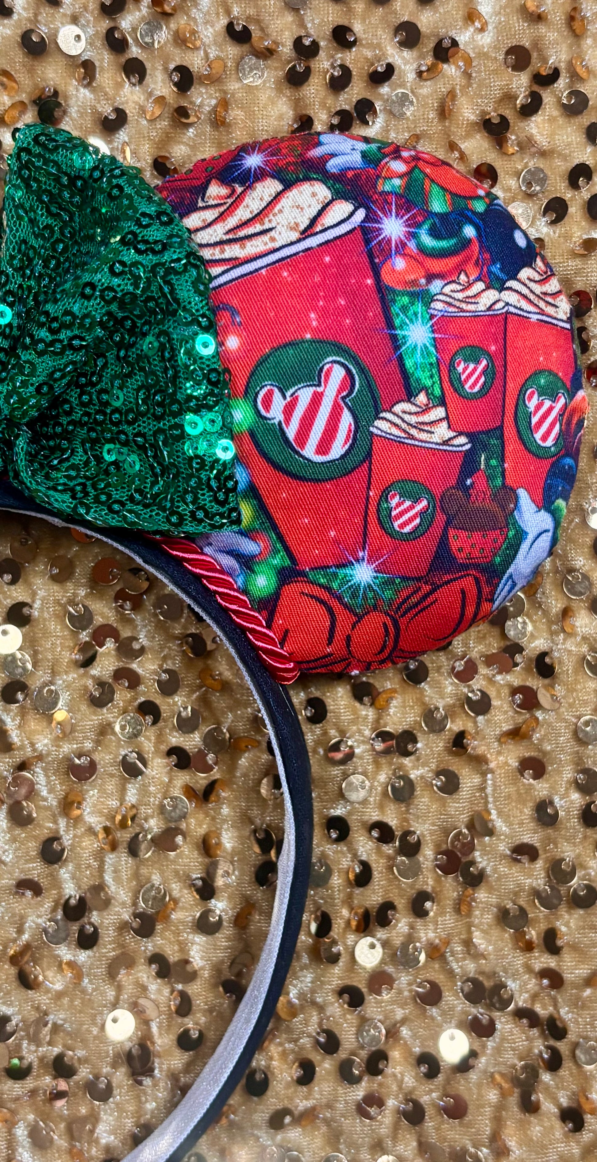 Close up of the front mouse ear with coffee cup design on them.