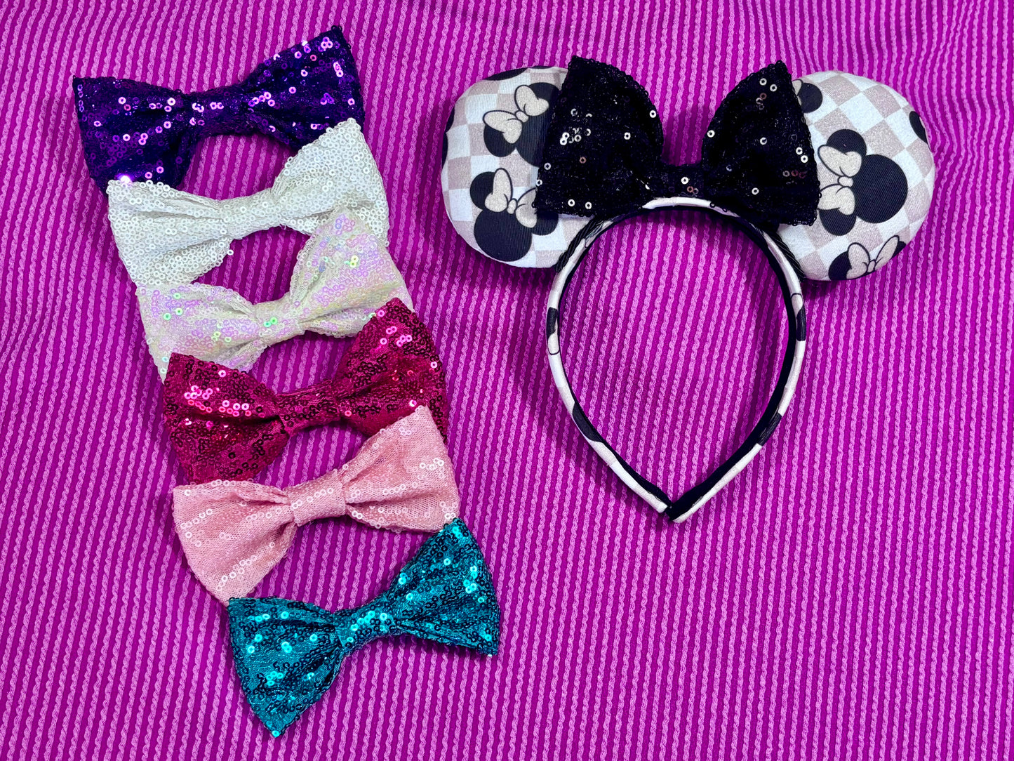 Mouse Checkered Ear Headband – Handmade Sequin Bow Accessory