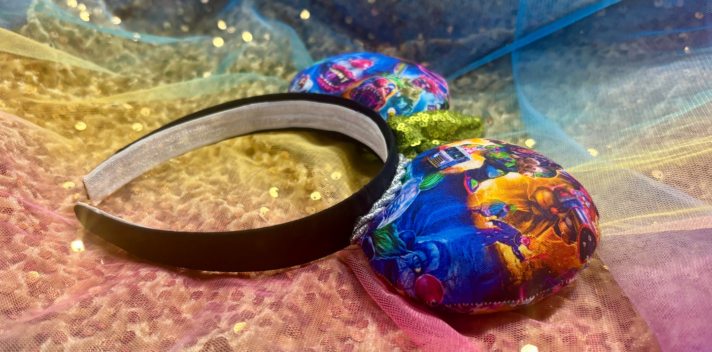 Killer Klowns Mouse Ears | Handmade Horror-Inspired Disney Headband with Lime Green Sequin Bow