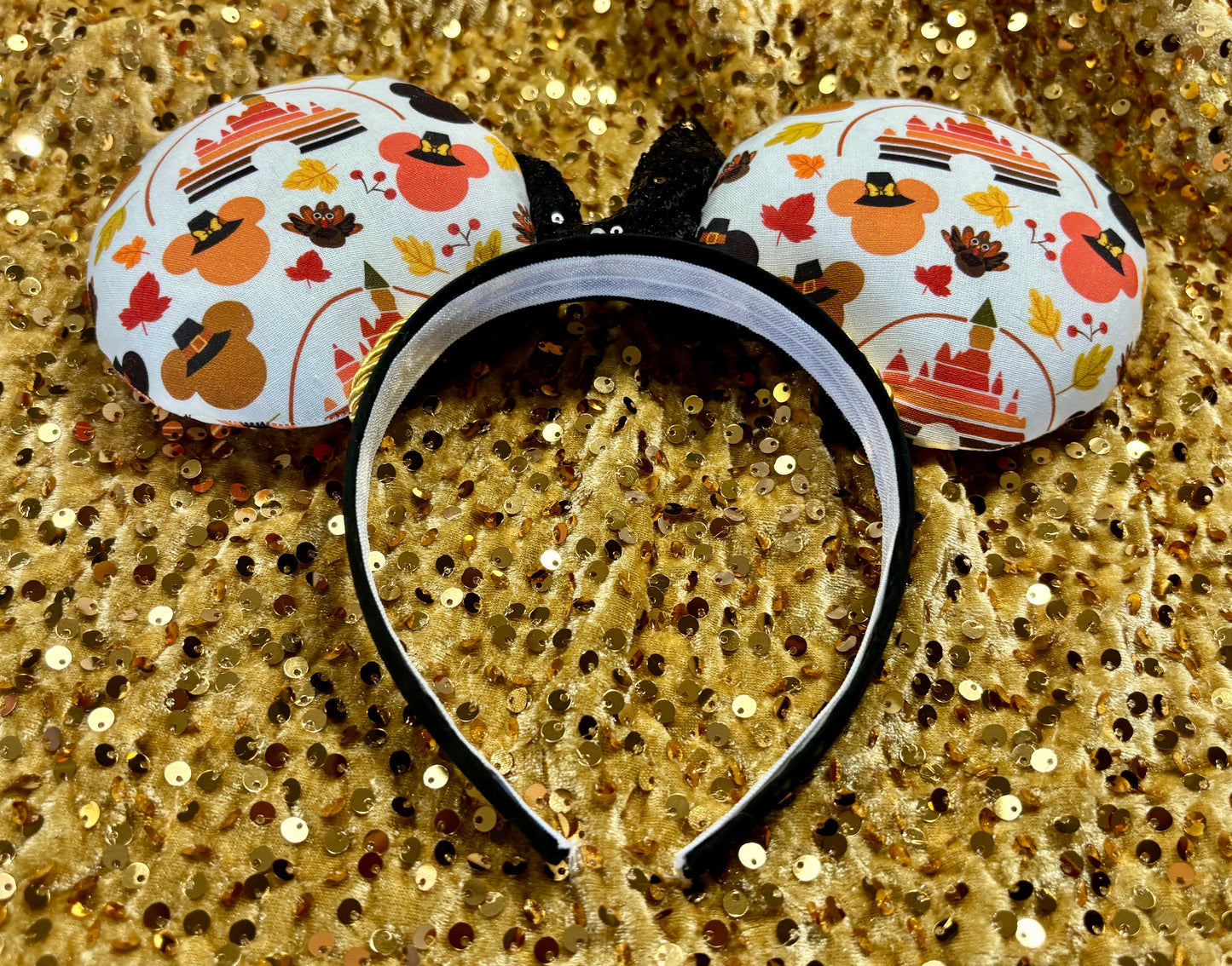 Thanksgiving Mouse Ears | Handmade Fall Disney Headband with Gold Trim & Sequin Bow