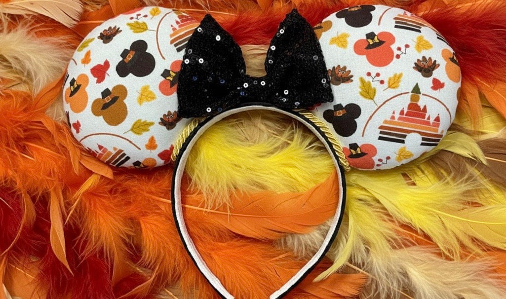 Thanksgiving Mouse Ears | Handmade Fall Disney Headband with Gold Trim & Sequin Bow