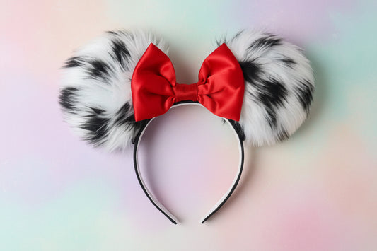 Cruella De Vil Inspired Mouse Ears | Black & White Faux Fur Red Bow Theme Park Headband