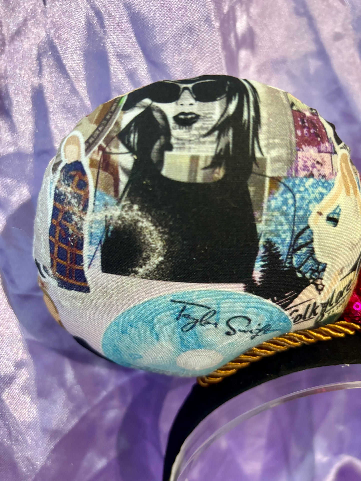 Cartoon Eras Mouse Ears – Taylor Swift Inspired Collage Handmade Disney Headband | Hot Pink Sequin Bow