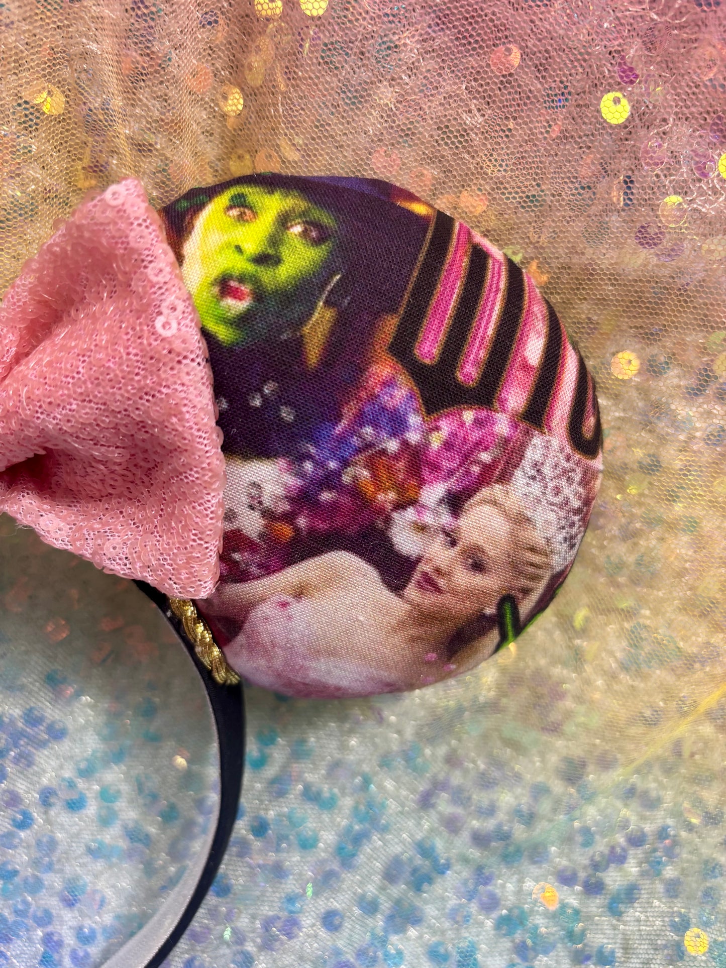 Wicked Collage Mouse Ears – Elphaba & Glinda Inspired Handmade Disney Headband | Pink Sequin Bow