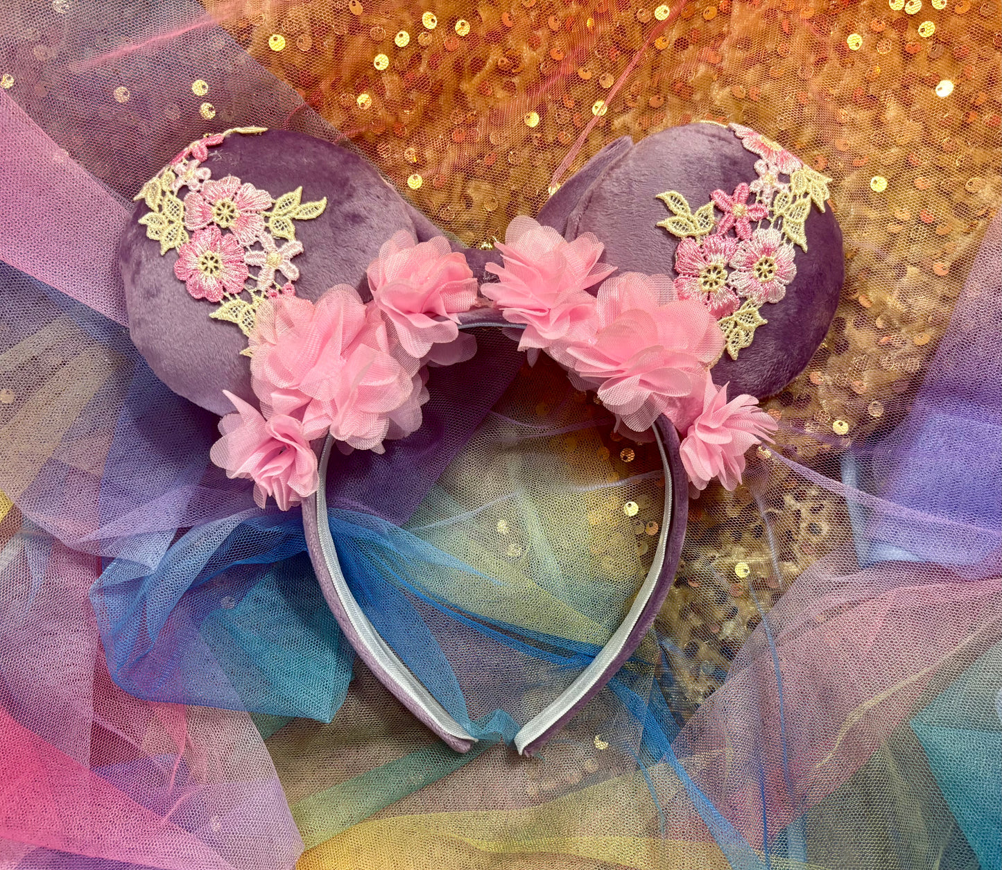 Rapunzel Inspired Mouse Ears | Purple Velvet & Pink Floral Trim Theme Park Headband