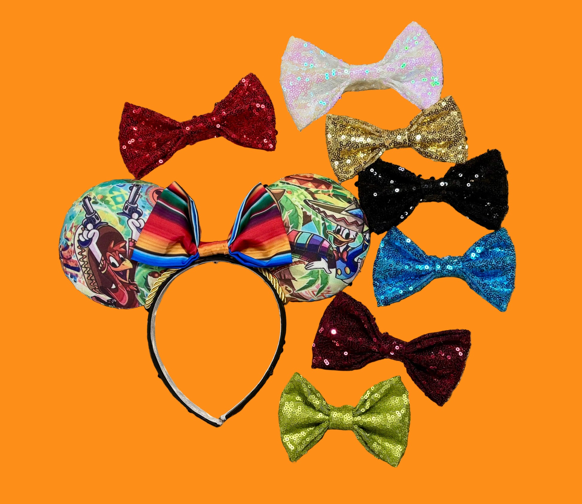 Mouse ears shown with various sequin-colored bows. If you would prefer a sequin bow, just write that and the color in your order and I will attach it. 