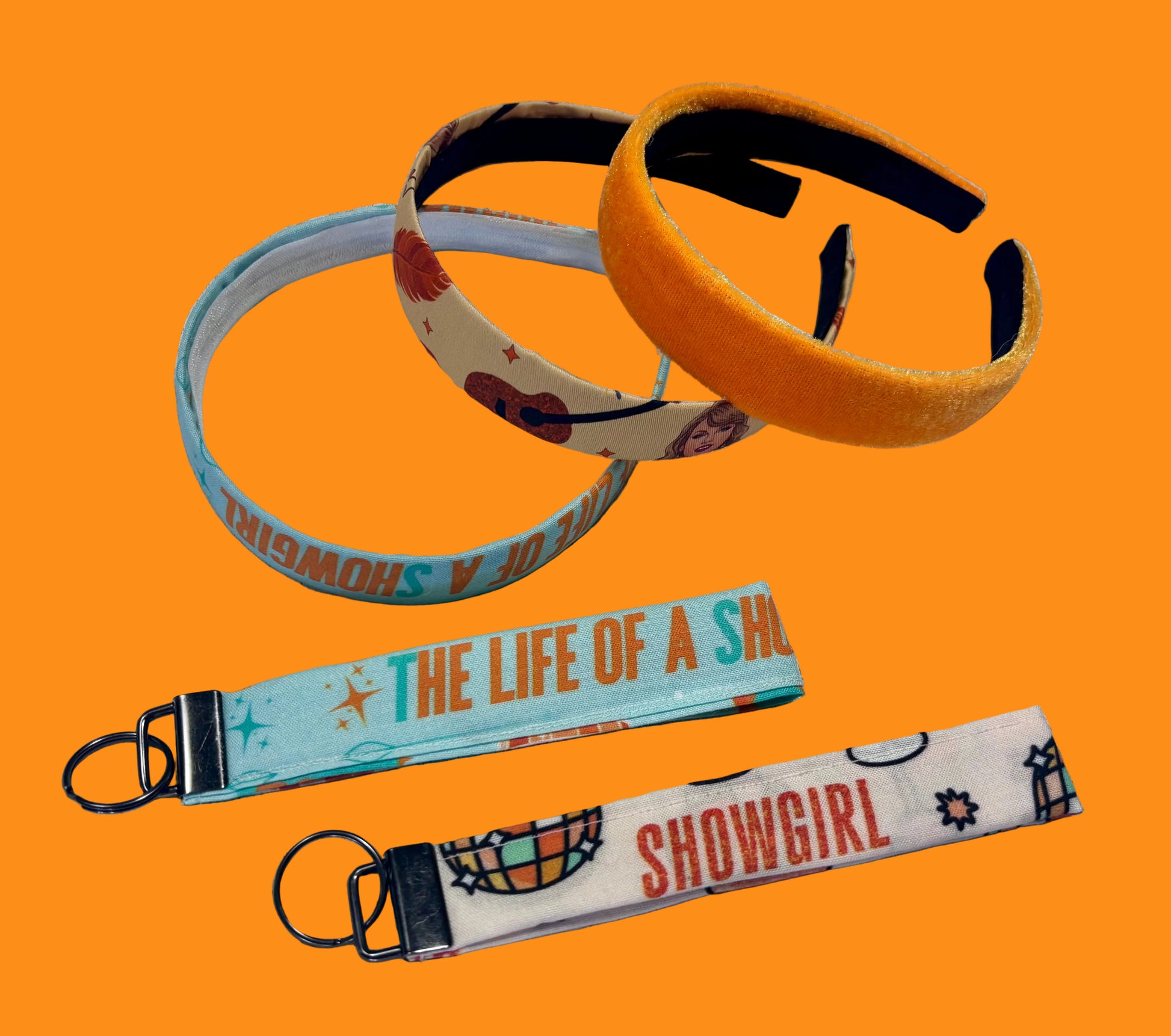 Set of three handmade and ready to ship colorful headbands and two keychains.