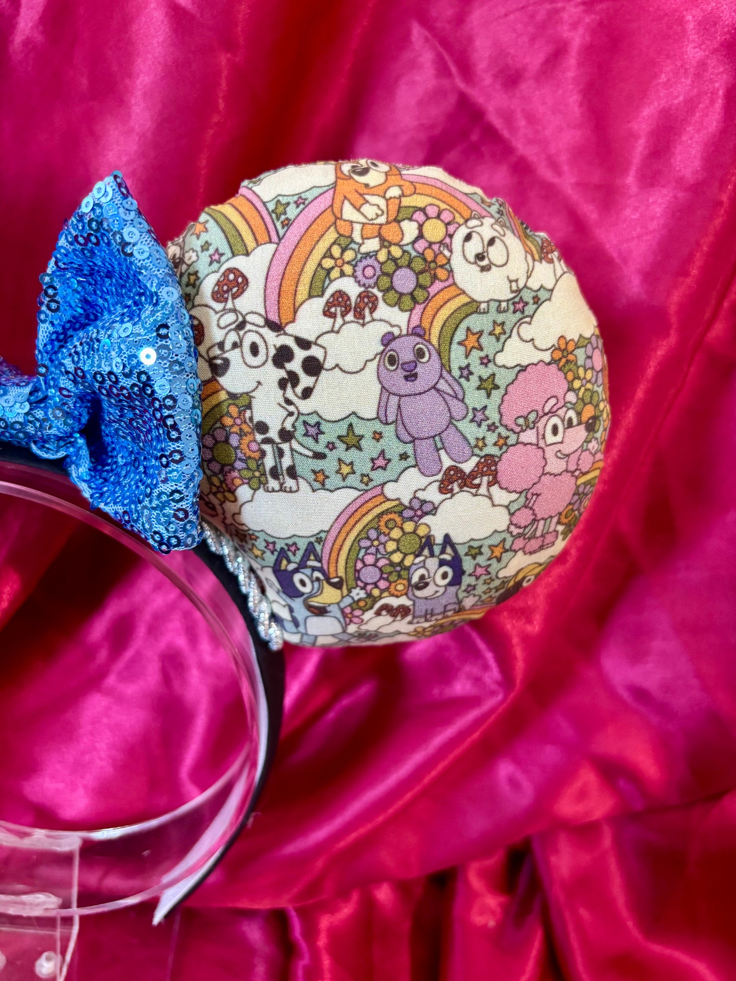 Bluey Inspired Mouse Ears | Handmade Disney Headband with Light Blue Sequin Bow
