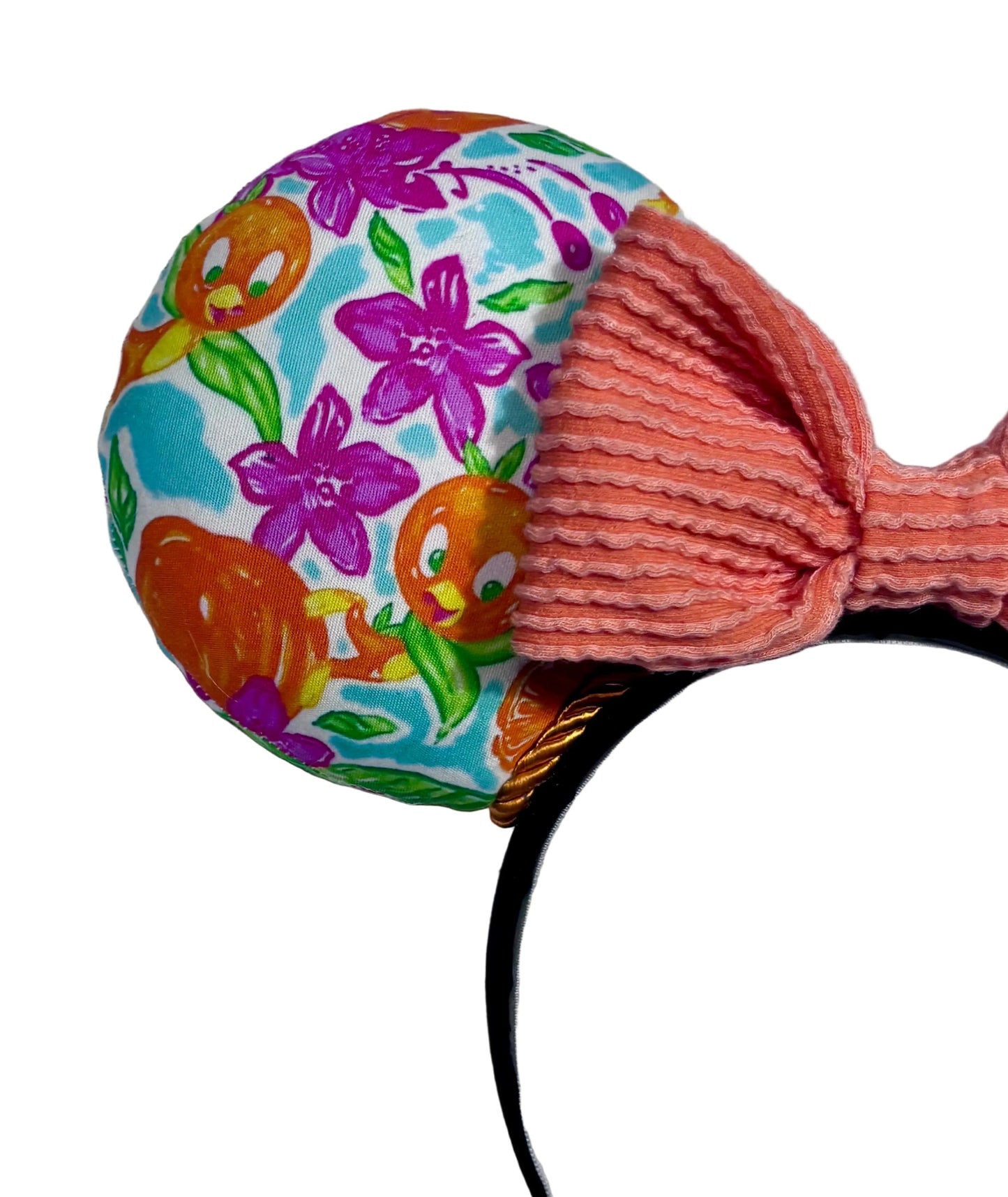 Pink, White, Blue and of course Orange on these handmade and ready to ship Orange Bird themed mouse ears with an orange waffle bow. Shown on a white background.