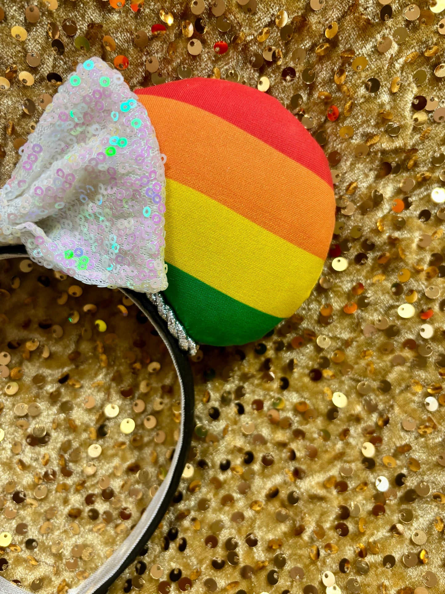 Rainbow Pride Mouse Ears | LGBTQ+ Silver Trim & Iridescent Sequin Bow Headband