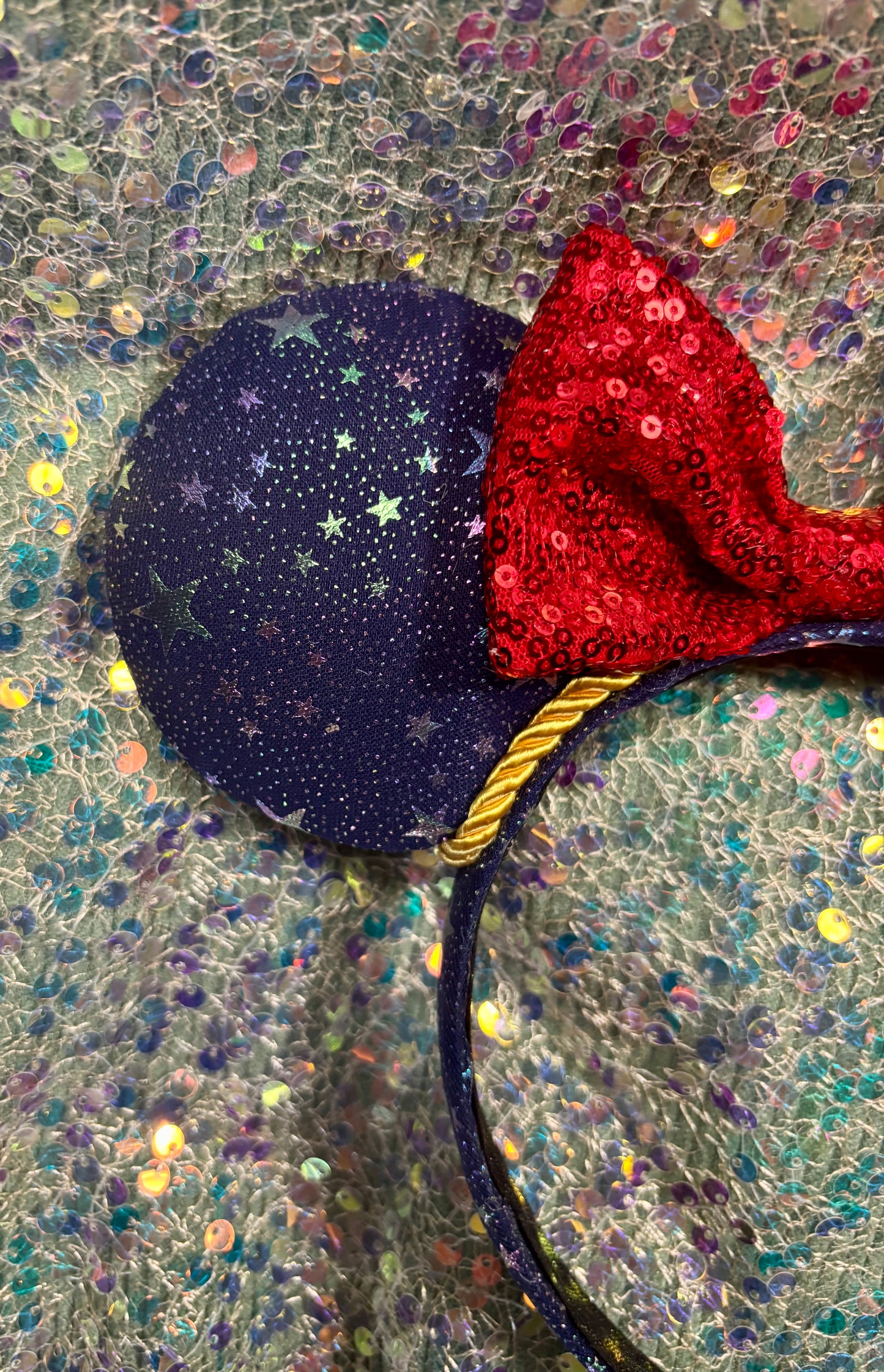 Sorcerer Mickey Inspired Mouse Ears | Galaxy Fabric & Gold Trim Theme Park Headband