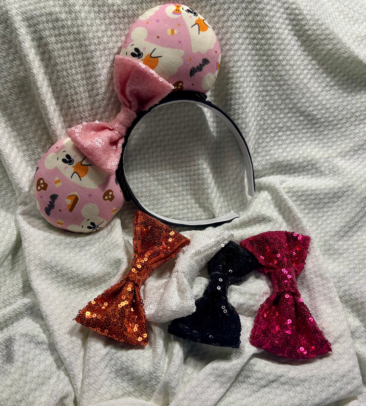 Pink Ghost Mouse Ears | Spooky-Cute Halloween Headband with Pink Sequin Bow