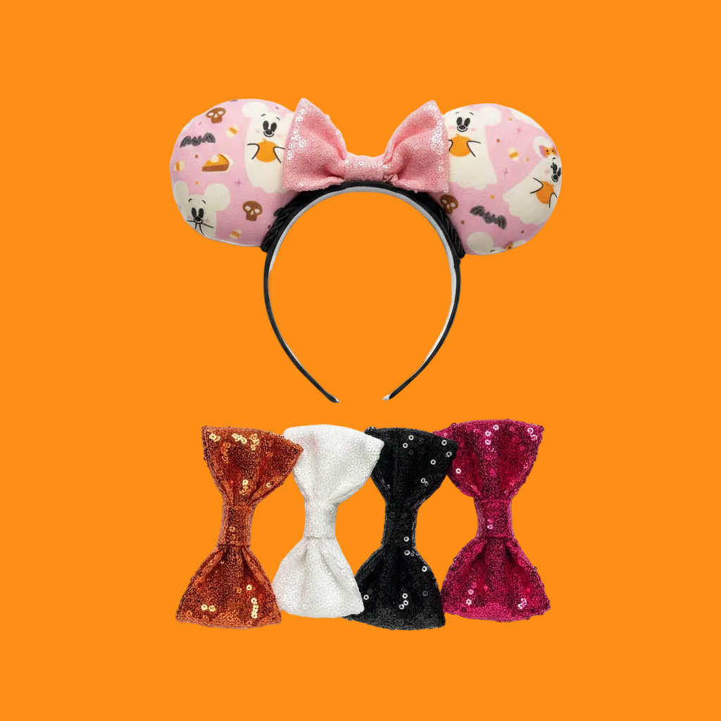 Pink bow headband with cartoon design and four colorful sequin bows for color options if you prefer a different color.