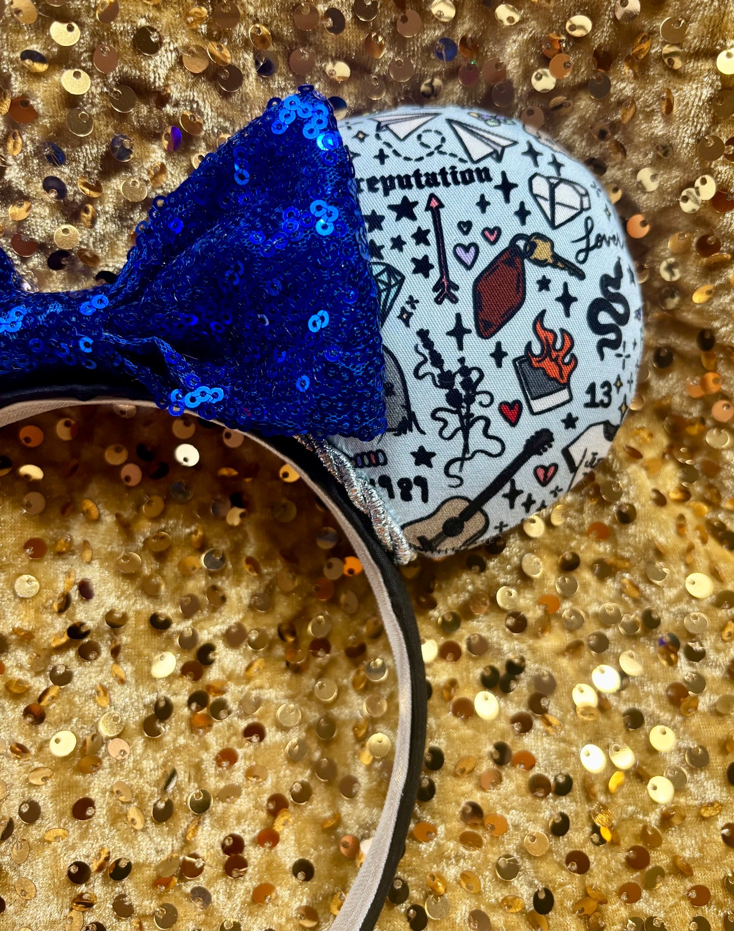 Tay Doodles Mouse Ears | Handmade Taylor-Inspired Doodle Disney Headband with Blue Sequin Bow