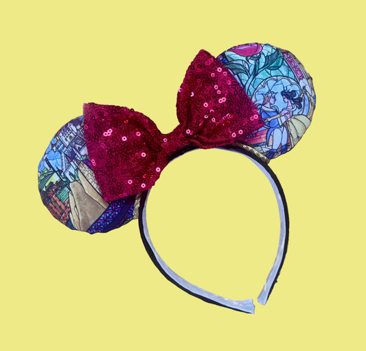 Handmade and ready to ship Stained Glass BATB mouse ears. Ears are sewn, filled with batting, hot glued to a poly cotton headband that is universal sized. Ears are then hand stitched to the headband for extra protection. Red sequin bow with other colors available per request.