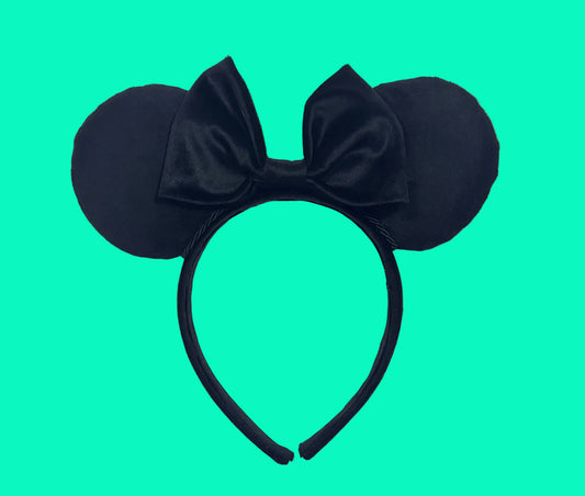 Handmade and ready to ship Black Velvet Mouse ears with the fabric on the ears, front and back, the headband and the bow. The headband is a universal sized headband.