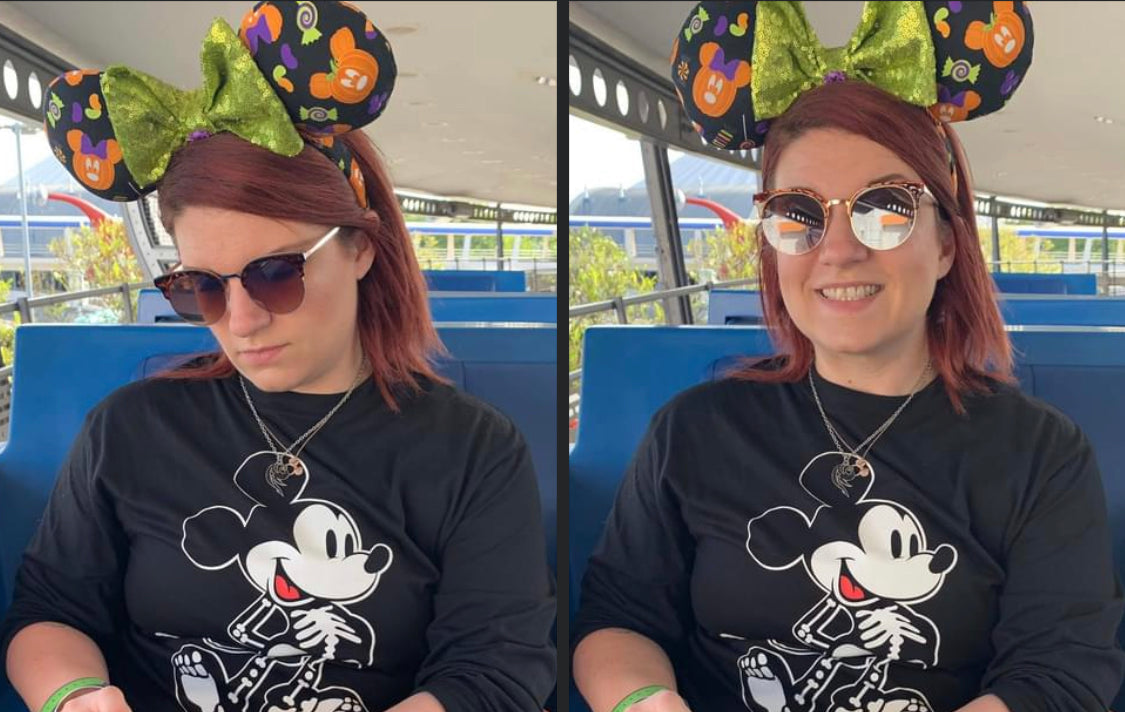 Model Tam wearing this design on the peoplemover in the park.