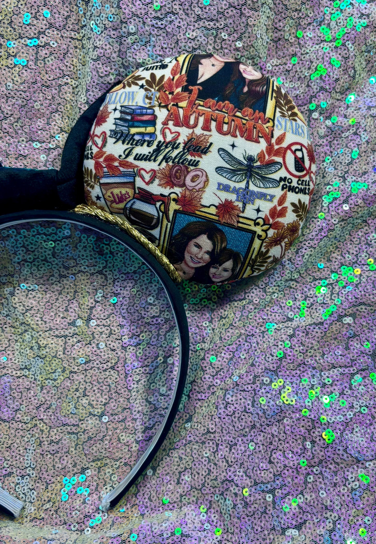 Handmade and ready to ship GG inspired mouse ears with the fabric on both the front and back showing Rory and Lorelai. On a black universal sized headband. The set has a BLACK VELVET bow, but you can request any sequin color in your order and I'll attach it.