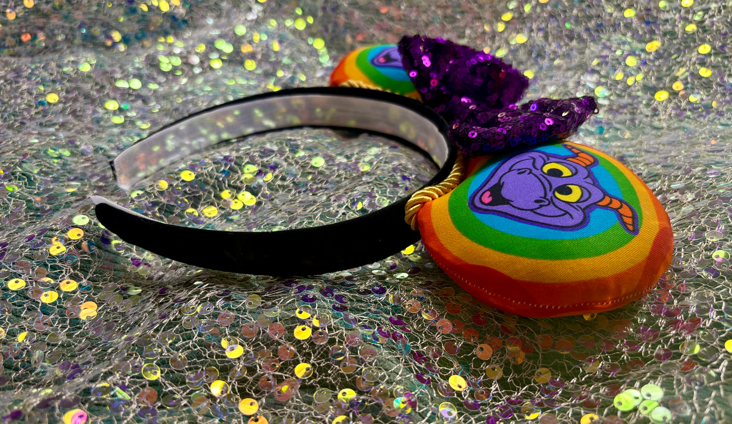 Figment Inspired Mouse Ears | Purple & Yellow Epcot Dragon Headband with Sequin Bow
