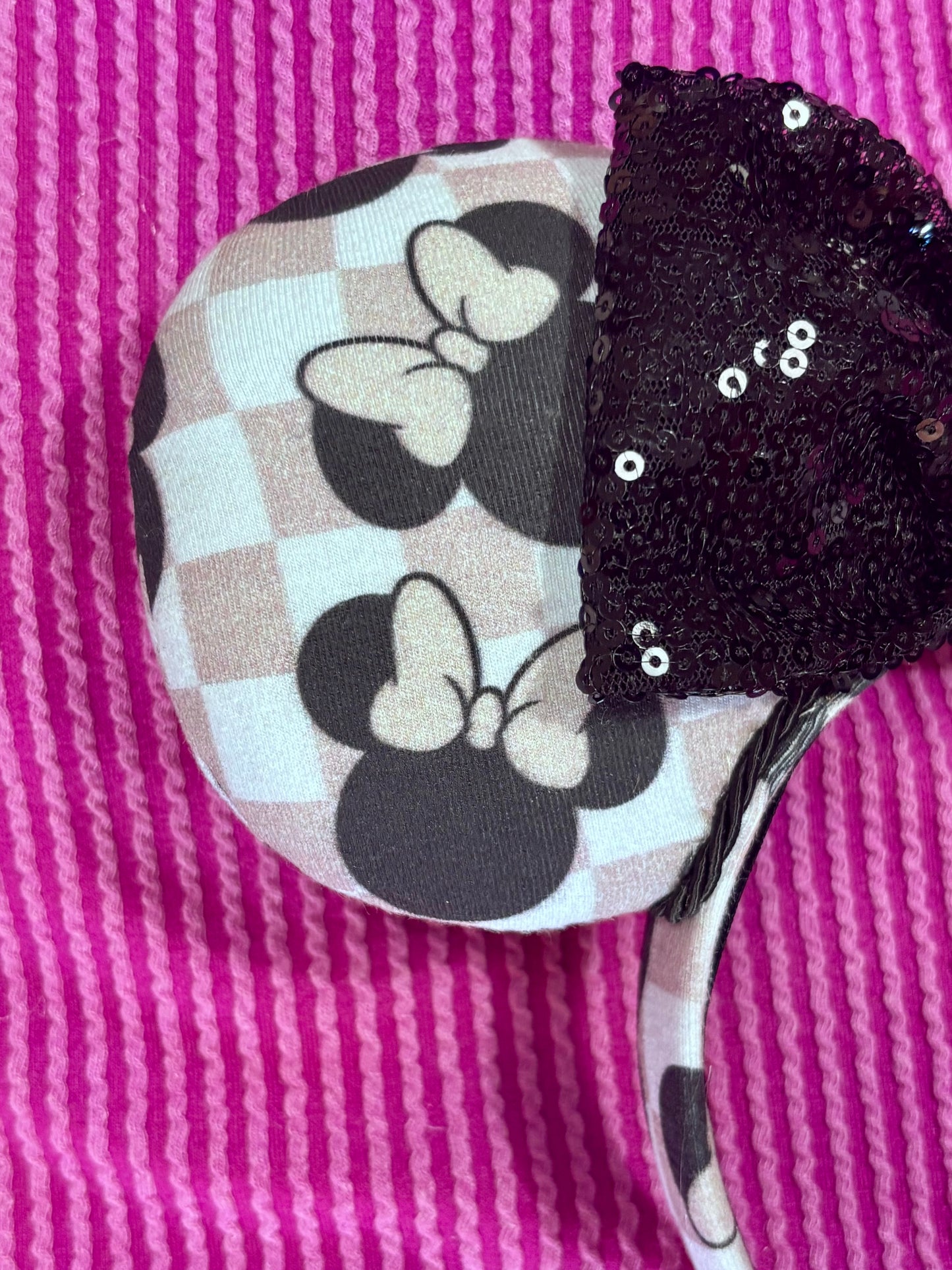 Mouse Checkered Ear Headband – Handmade Sequin Bow Accessory