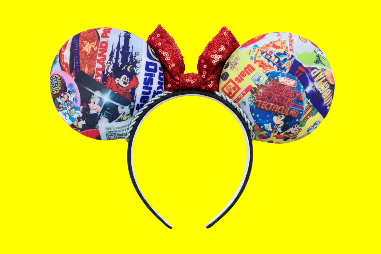 Back side of the mouse ears with images from the parks. 