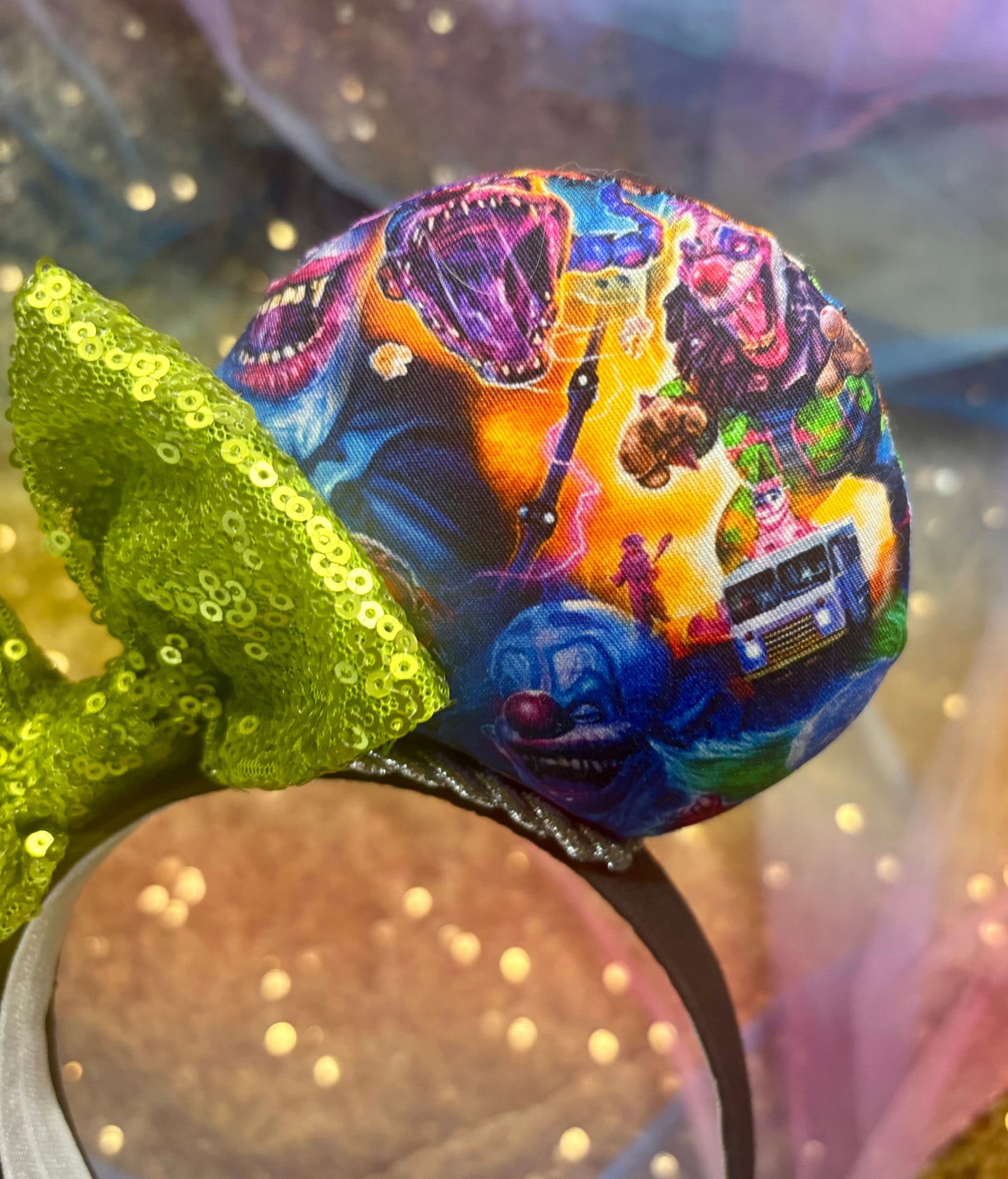 Killer Klowns Mouse Ears | Handmade Horror-Inspired Disney Headband with Lime Green Sequin Bow