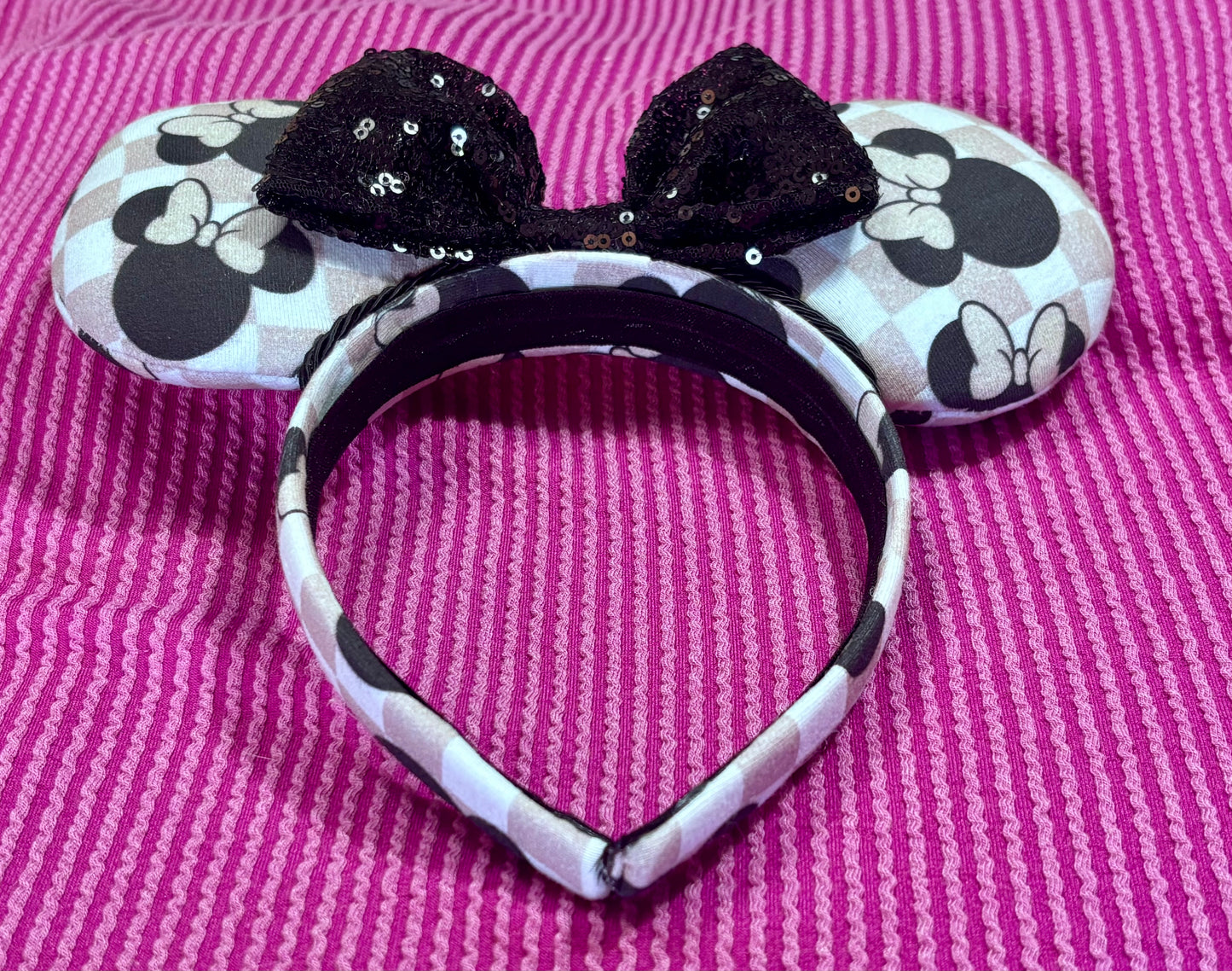 Mouse Checkered Ear Headband – Handmade Sequin Bow Accessory