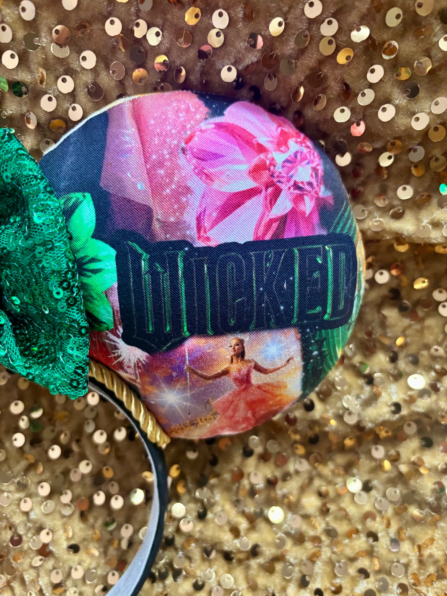 Defying Gravity Mouse Ears – Wicked Inspired Handmade Disney Headband | Green Sequin Bow.