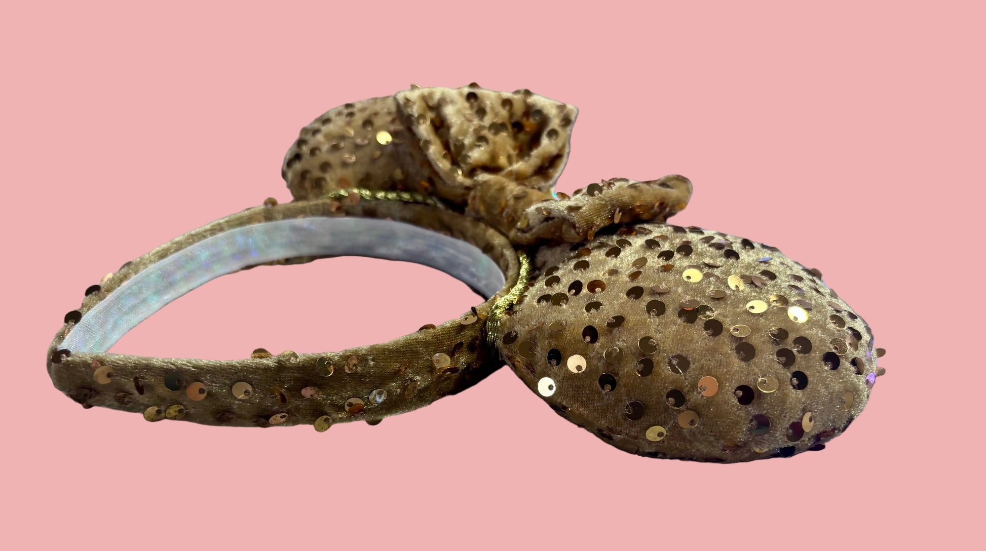 Handmade and ready to ship. These are golden velvet sequin mouse ears with a matching bow. Side view of ears