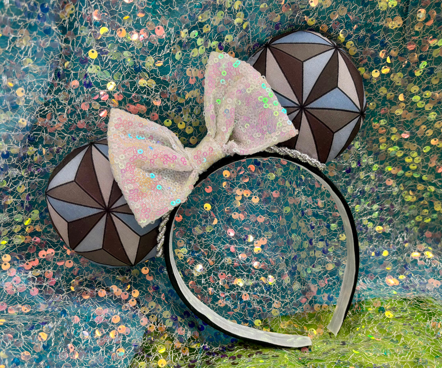 Epcot Inspired Mouse Ears | Handmade Spaceship Earth Disney Headband with Iridescent Sequin Bow